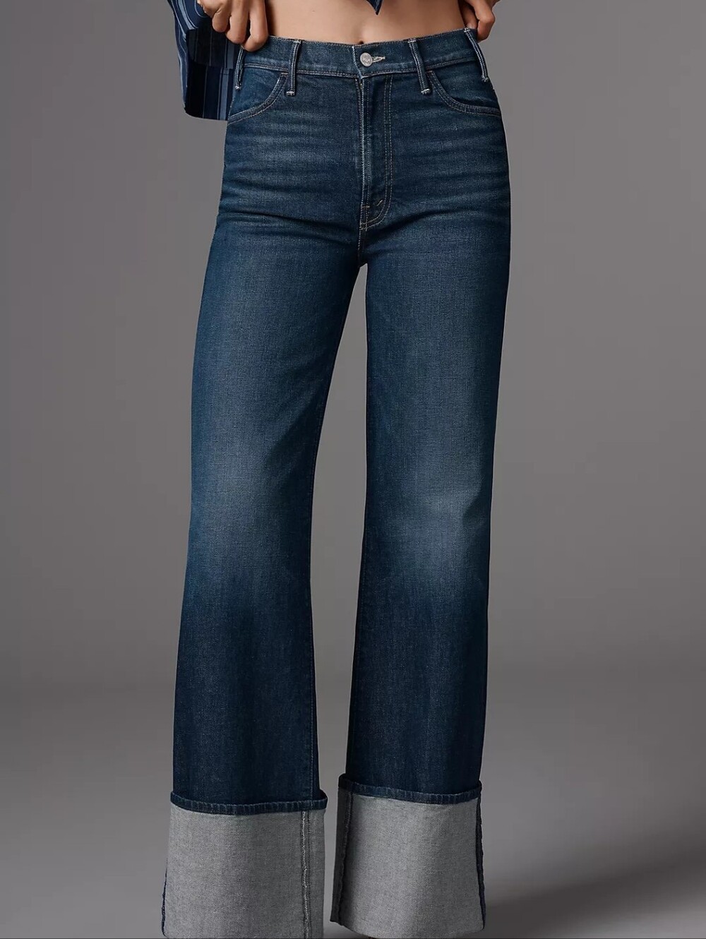 MOTHER High Rise Wide Leg Jeans in Dark Indigo with Contrast Cuffs - Picture 2 of 15